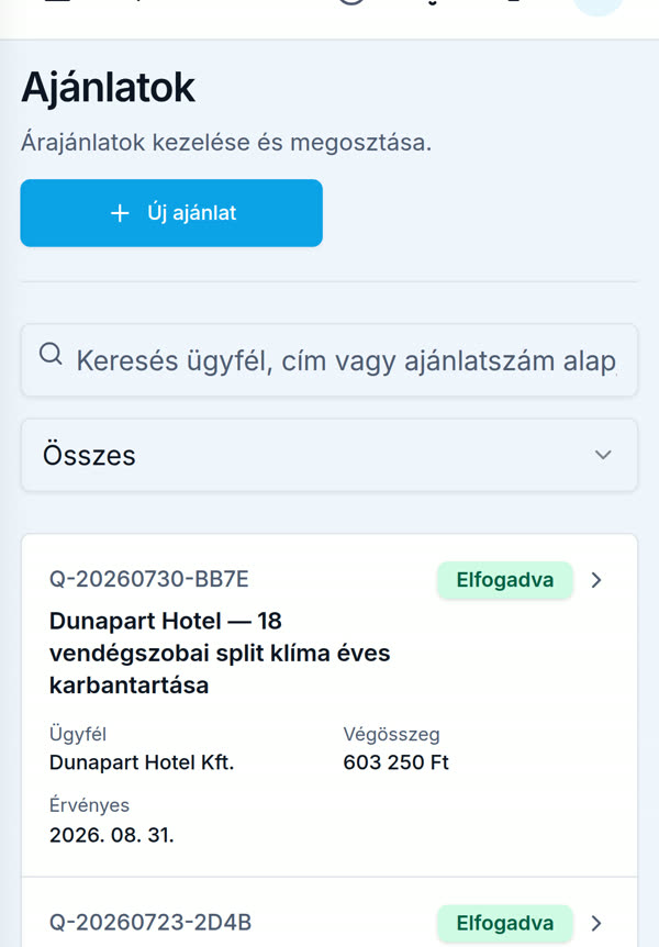 Ajánlattól a számláig: a Terepbázis képernyője