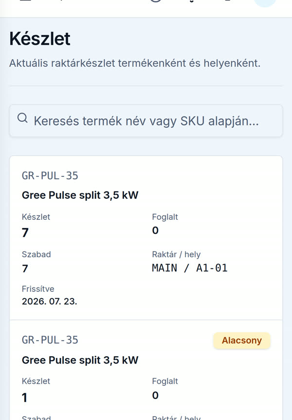 WMS valós idejű készlet: a Terepbázis képernyője