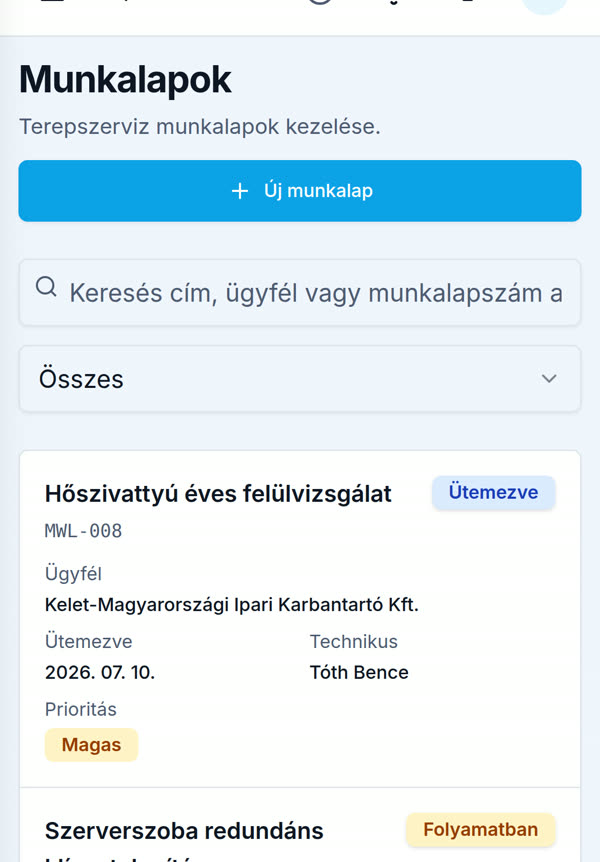 A munkalap-lista a szerelő telefonján